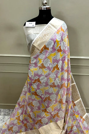 White Pink Printed Muga Silk Banarasi Saree
