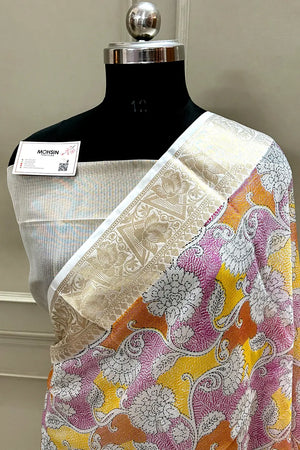 White Pink Printed Muga Silk Banarasi Saree