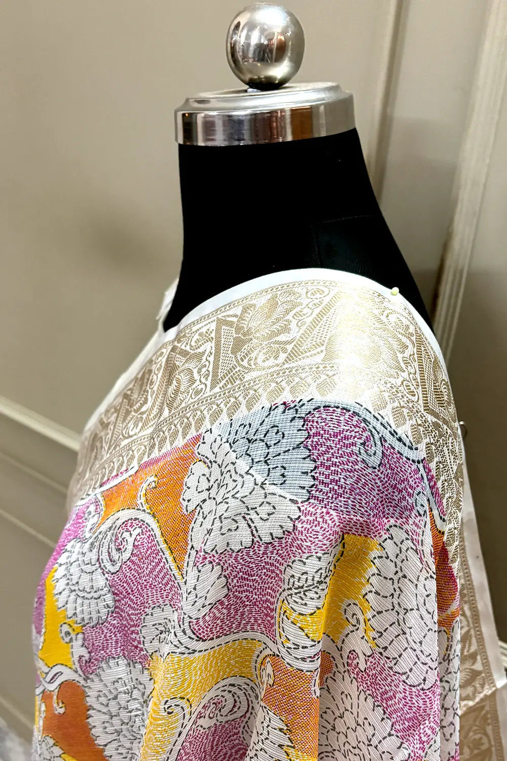 White Pink Printed Muga Silk Banarasi Saree