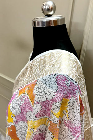 White Pink Printed Muga Silk Banarasi Saree