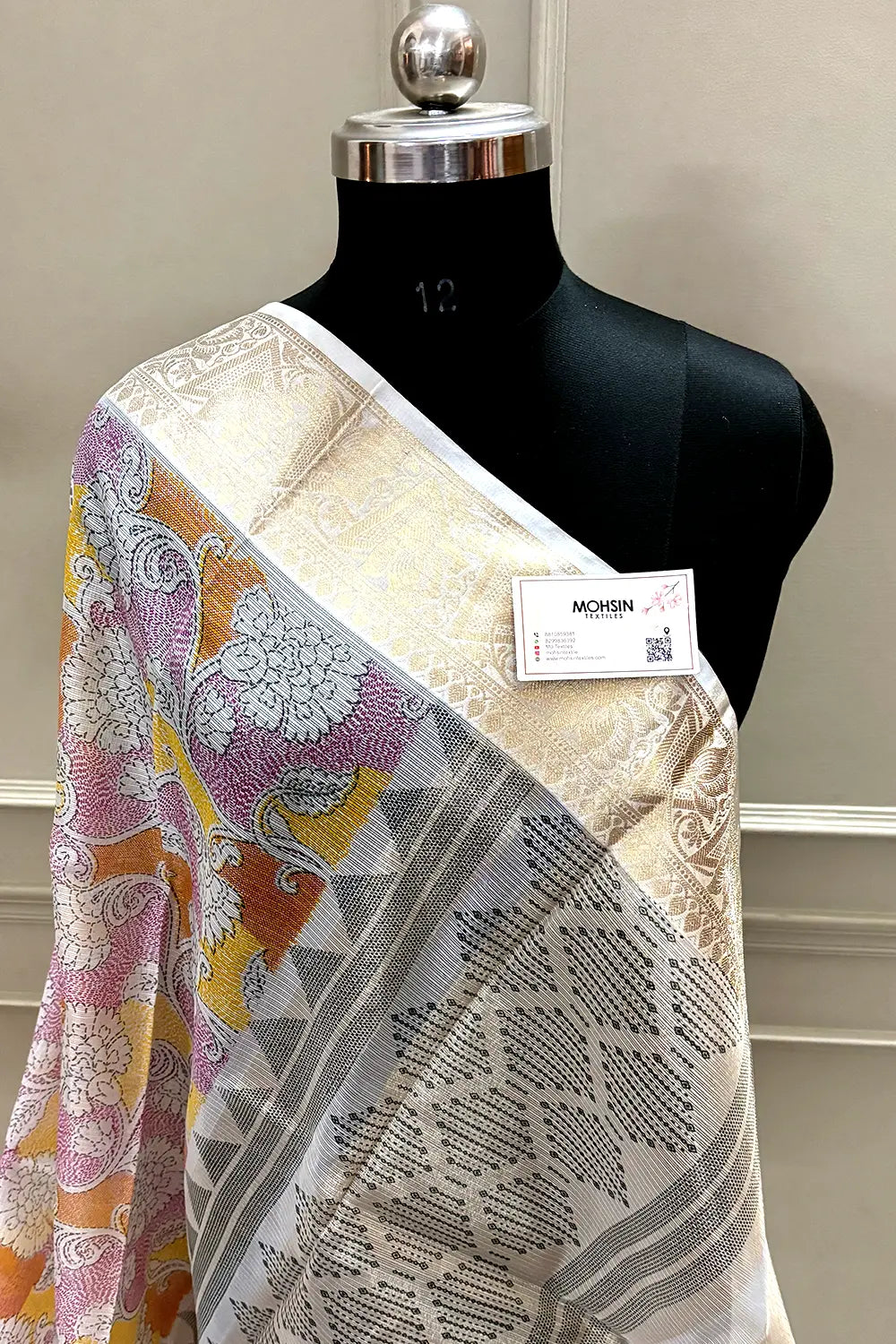 White Pink Printed Muga Silk Banarasi Saree