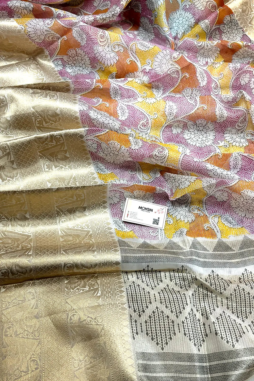 White Pink Printed Muga Silk Banarasi Saree