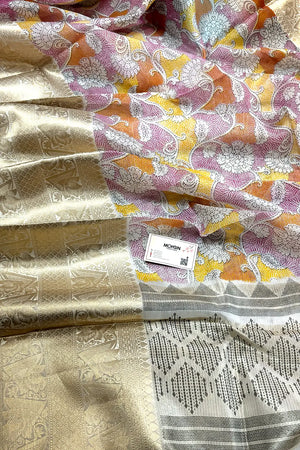 White Pink Printed Muga Silk Banarasi Saree