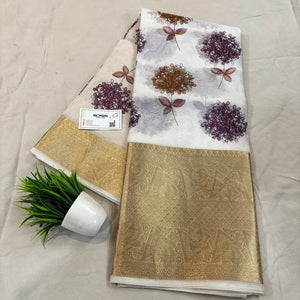 White Purple Printed Muga Silk Banarasi Saree