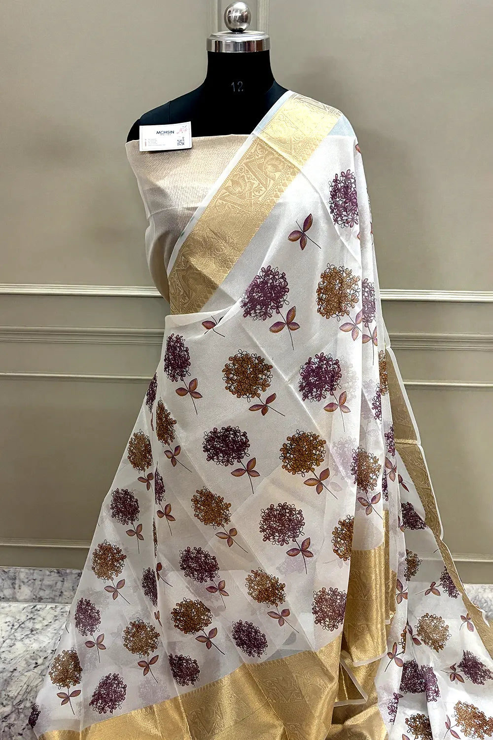 White Purple Printed Muga Silk Banarasi Saree