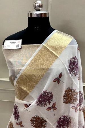 White Purple Printed Muga Silk Banarasi Saree