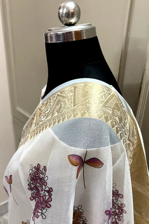 White Purple Printed Muga Silk Banarasi Saree