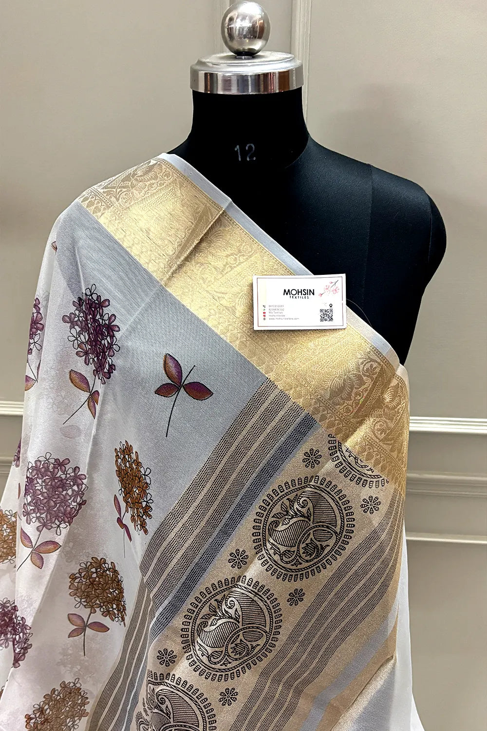 White Purple Printed Muga Silk Banarasi Saree