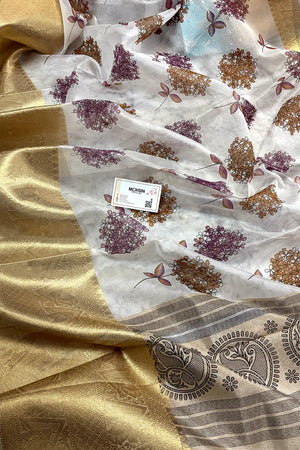 White Purple Printed Muga Silk Banarasi Saree