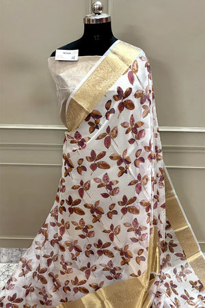 White Purple Printed Muga Silk Banarasi Saree