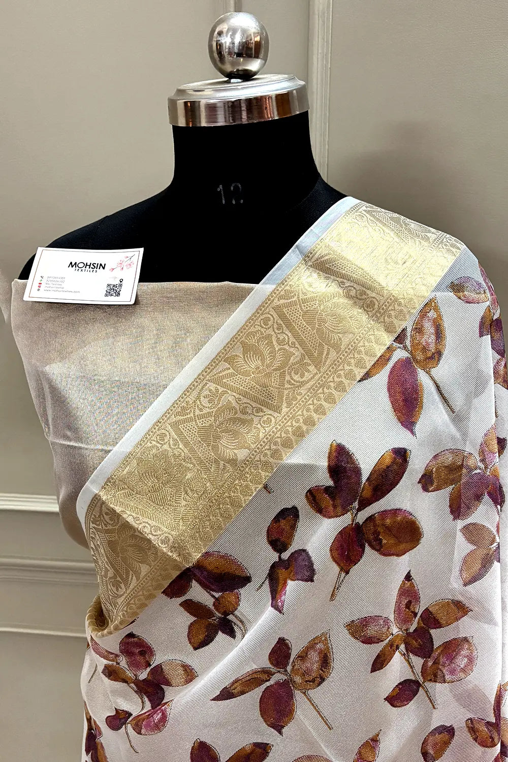 White Purple Printed Muga Silk Banarasi Saree