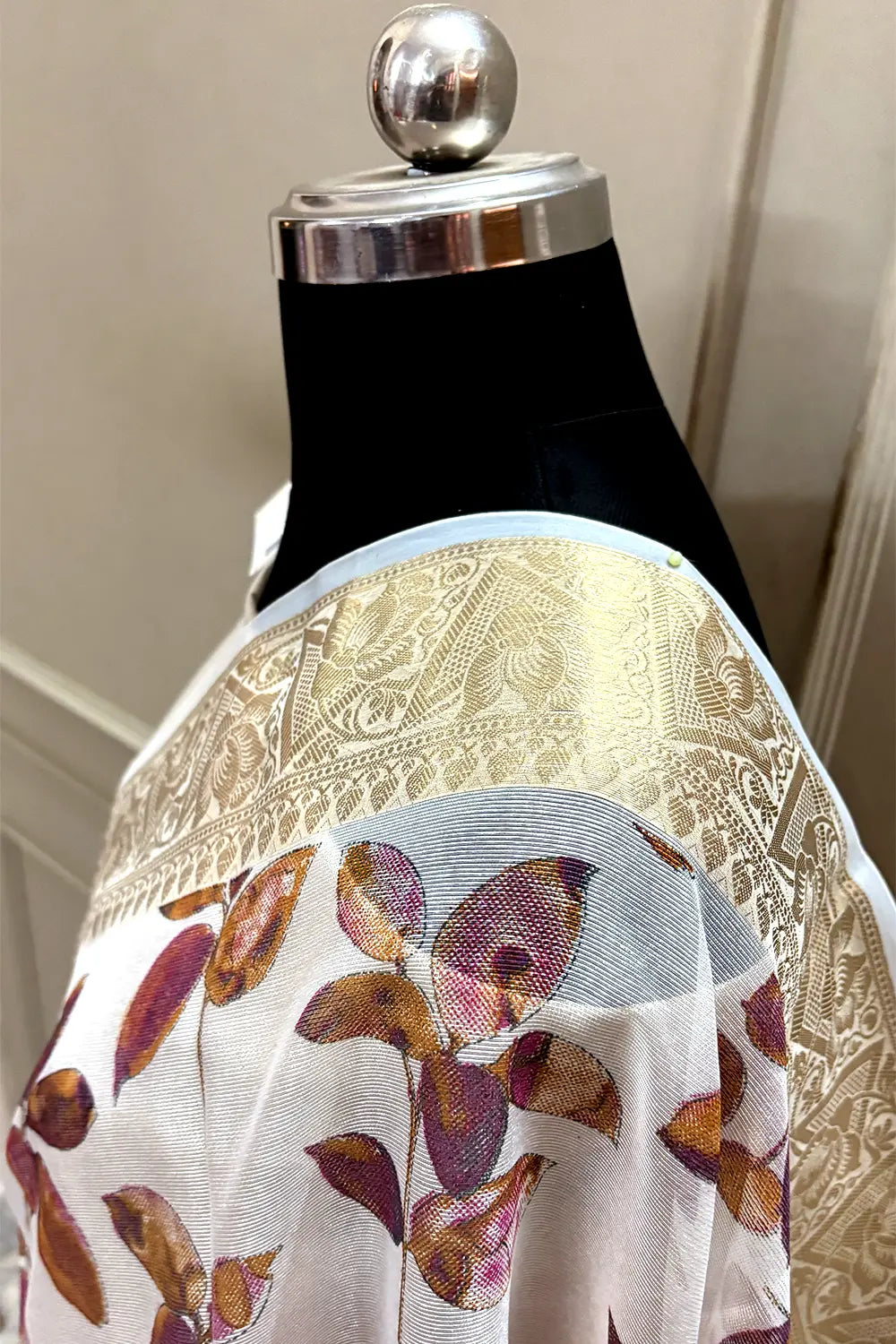 White Purple Printed Muga Silk Banarasi Saree