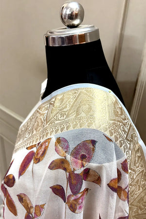 White Purple Printed Muga Silk Banarasi Saree