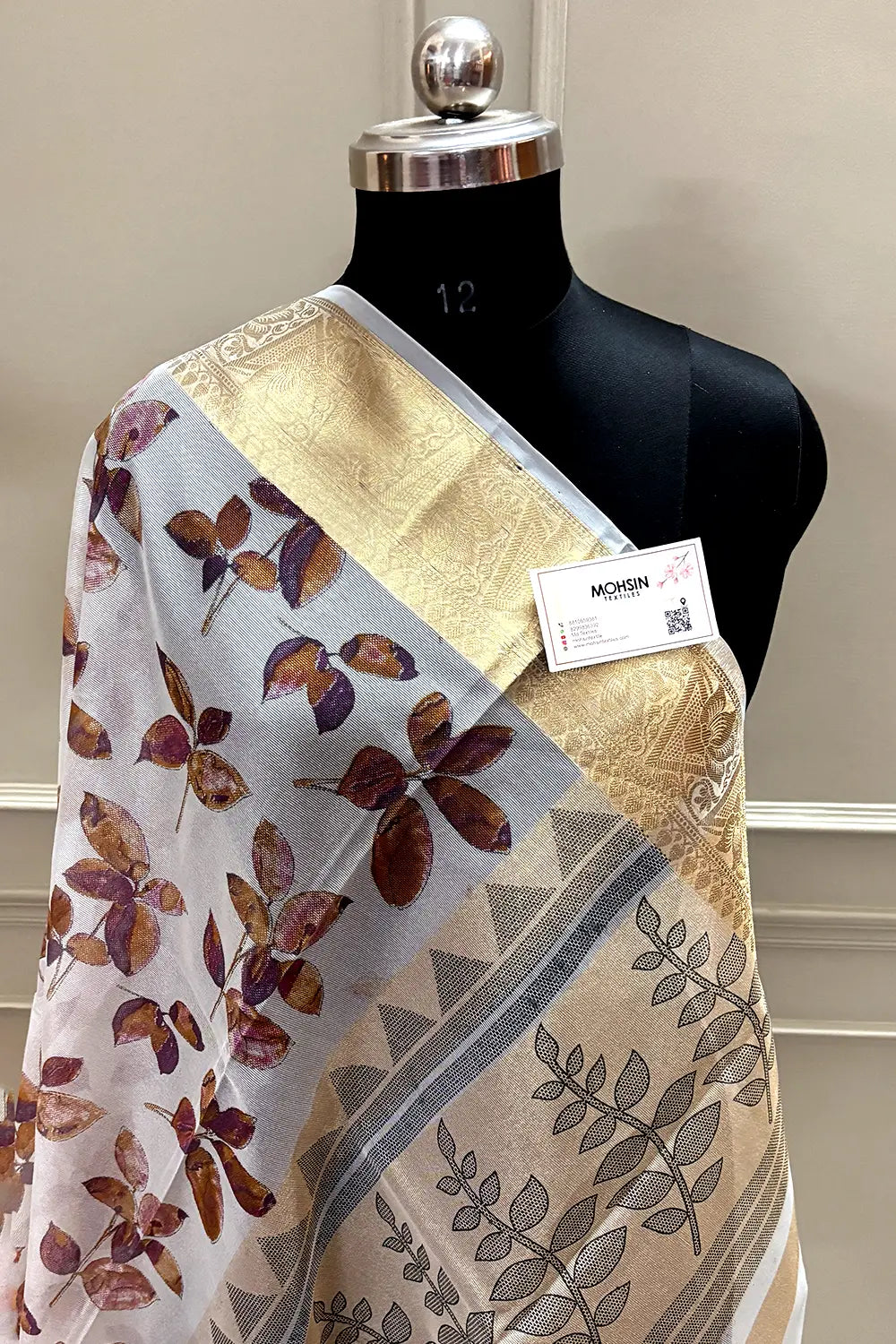 White Purple Printed Muga Silk Banarasi Saree