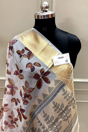 White Purple Printed Muga Silk Banarasi Saree