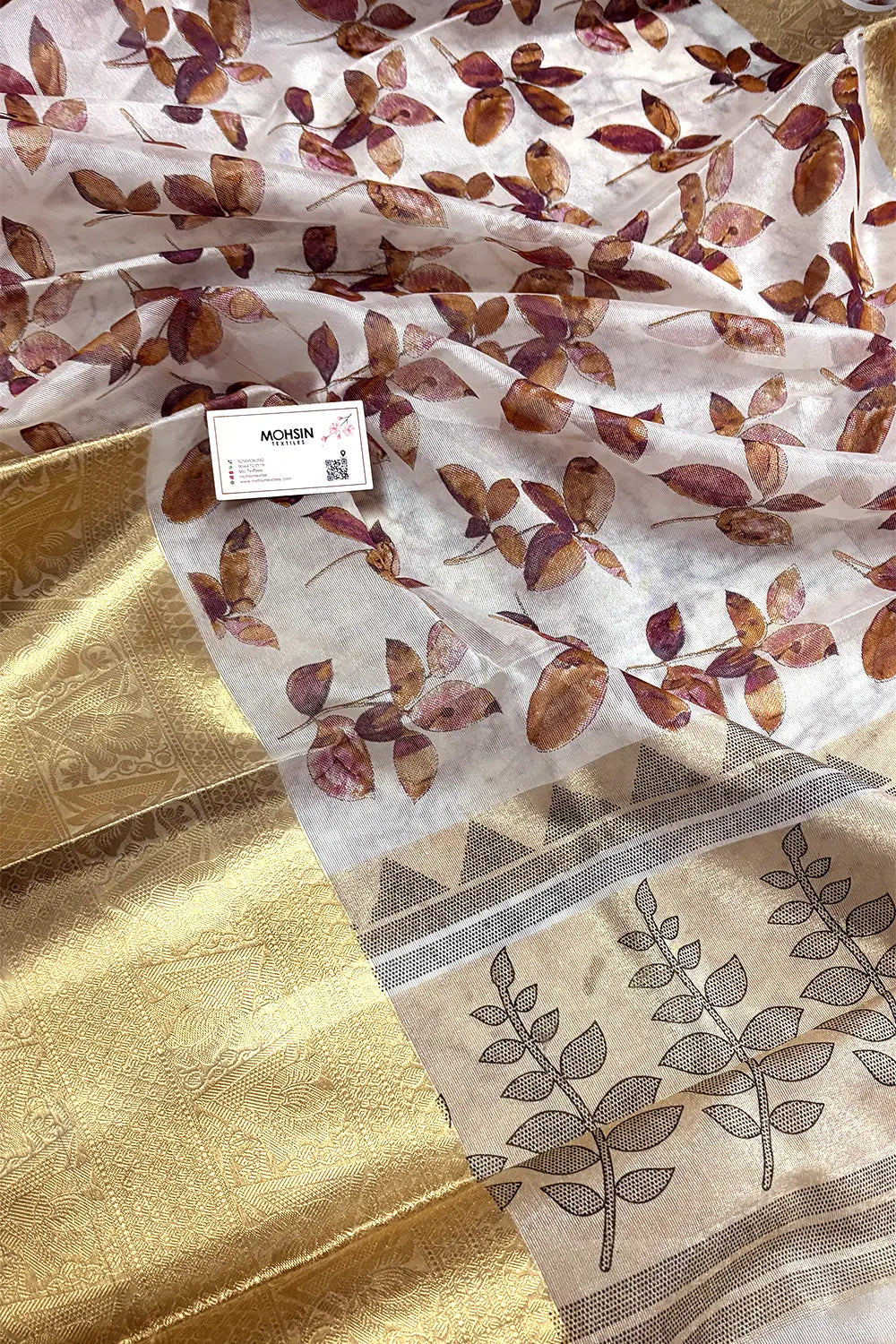 White Purple Printed Muga Silk Banarasi Saree