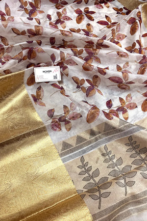 White Purple Printed Muga Silk Banarasi Saree