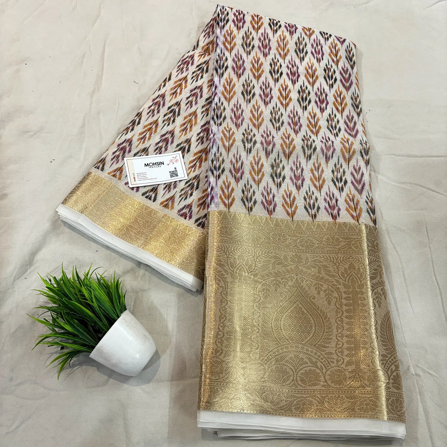 White Purple Printed Muga Silk Banarasi Saree