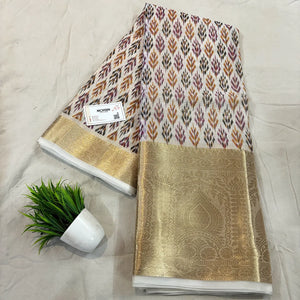 White Purple Printed Muga Silk Banarasi Saree