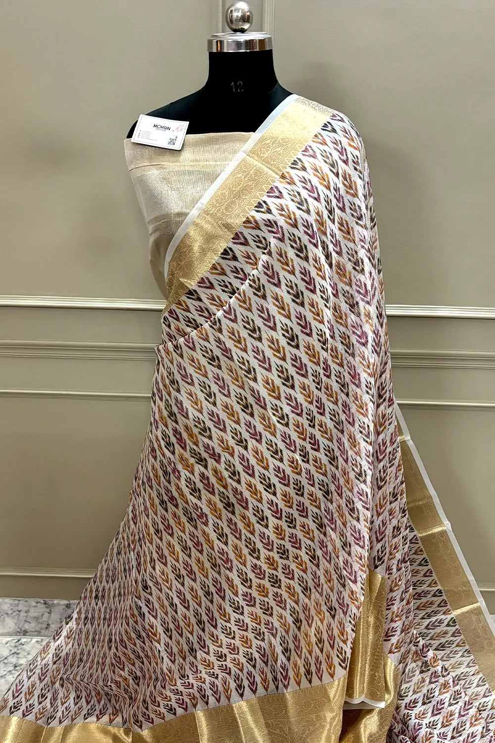 White Purple Printed Muga Silk Banarasi Saree