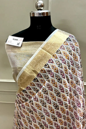 White Purple Printed Muga Silk Banarasi Saree