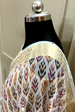 White Purple Printed Muga Silk Banarasi Saree