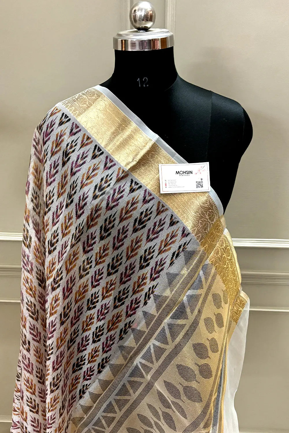 White Purple Printed Muga Silk Banarasi Saree