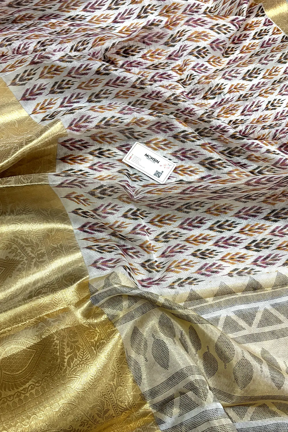 White Purple Printed Muga Silk Banarasi Saree
