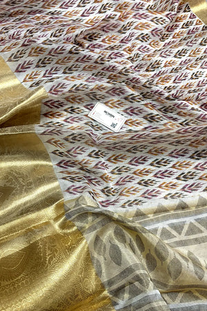 White Purple Printed Muga Silk Banarasi Saree