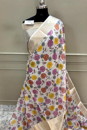 White Purple Printed Muga Silk Banarasi Saree