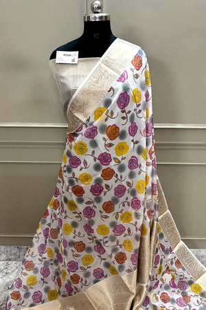 White Purple Printed Muga Silk Banarasi Saree