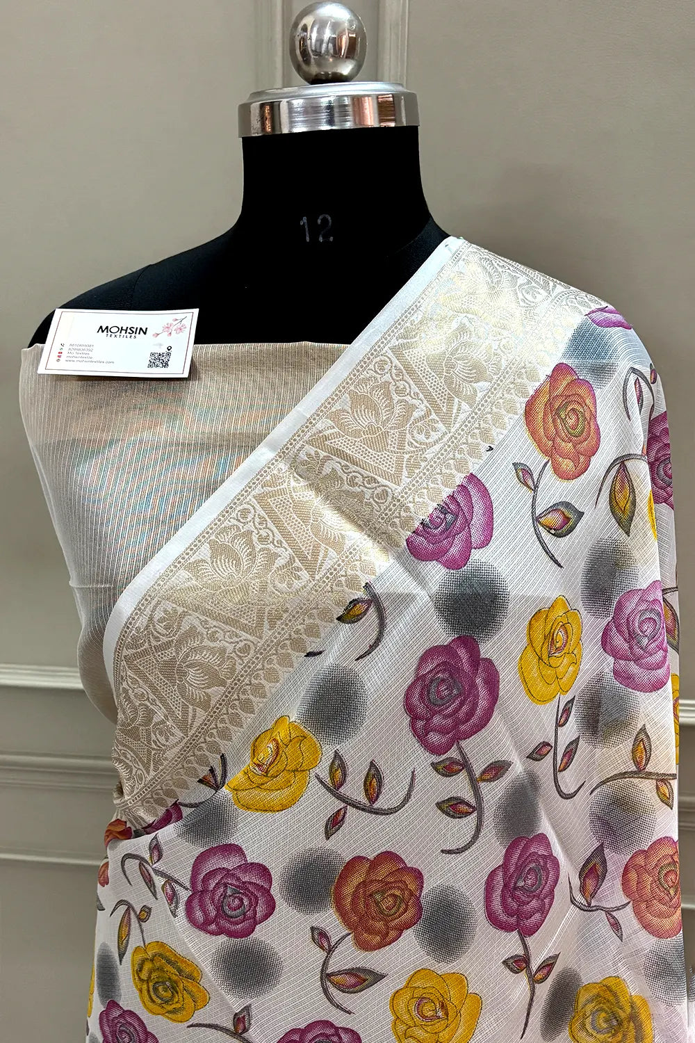 White Purple Printed Muga Silk Banarasi Saree