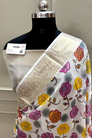 White Purple Printed Muga Silk Banarasi Saree