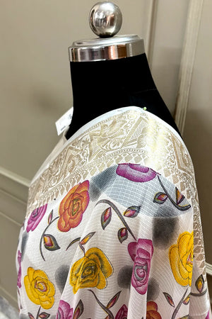 White Purple Printed Muga Silk Banarasi Saree