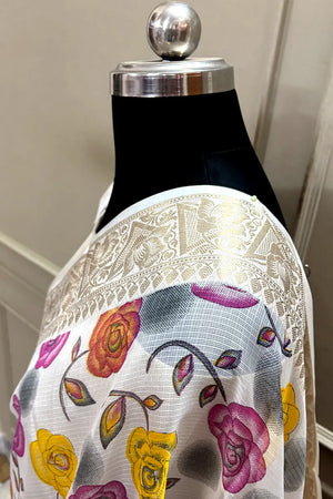 White Purple Printed Muga Silk Banarasi Saree