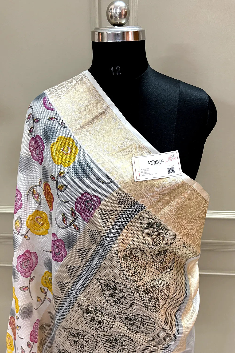 White Purple Printed Muga Silk Banarasi Saree