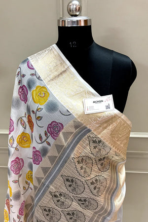 White Purple Printed Muga Silk Banarasi Saree