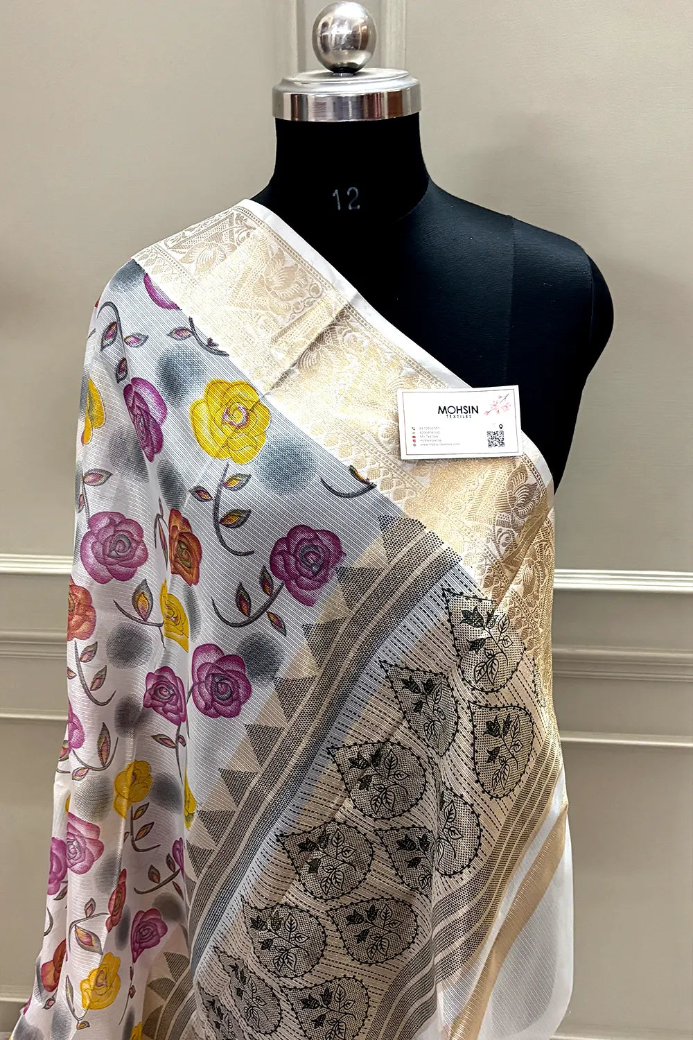 White Purple Printed Muga Silk Banarasi Saree