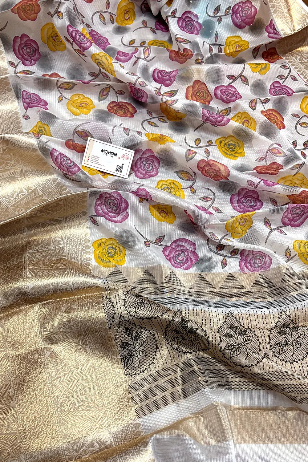 White Purple Printed Muga Silk Banarasi Saree