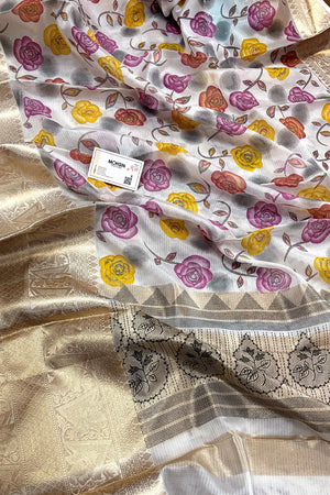 White Purple Printed Muga Silk Banarasi Saree