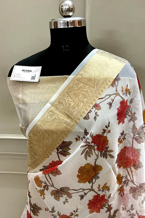 White Rani Printed Muga Silk Banarasi Saree