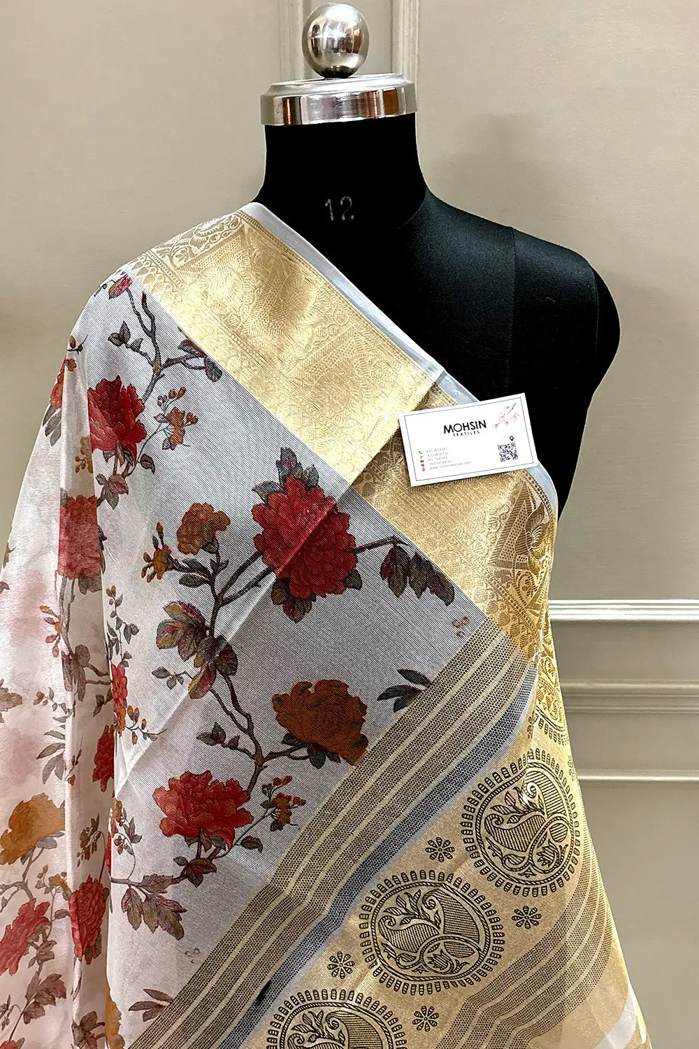 White Rani Printed Muga Silk Banarasi Saree