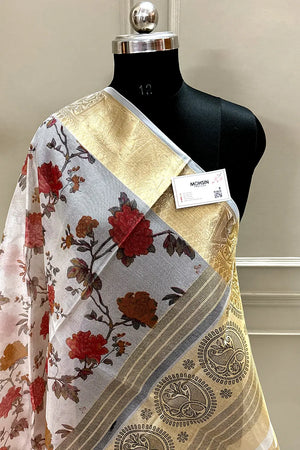 White Rani Printed Muga Silk Banarasi Saree