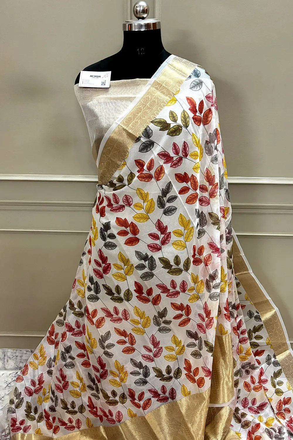 White Rani Printed Muga Silk Banarasi Saree