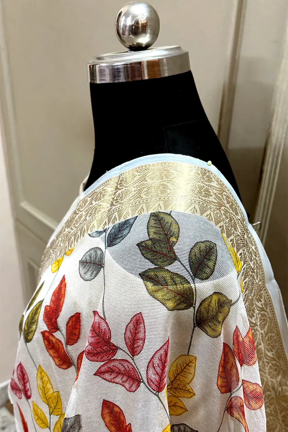 White Rani Printed Muga Silk Banarasi Saree