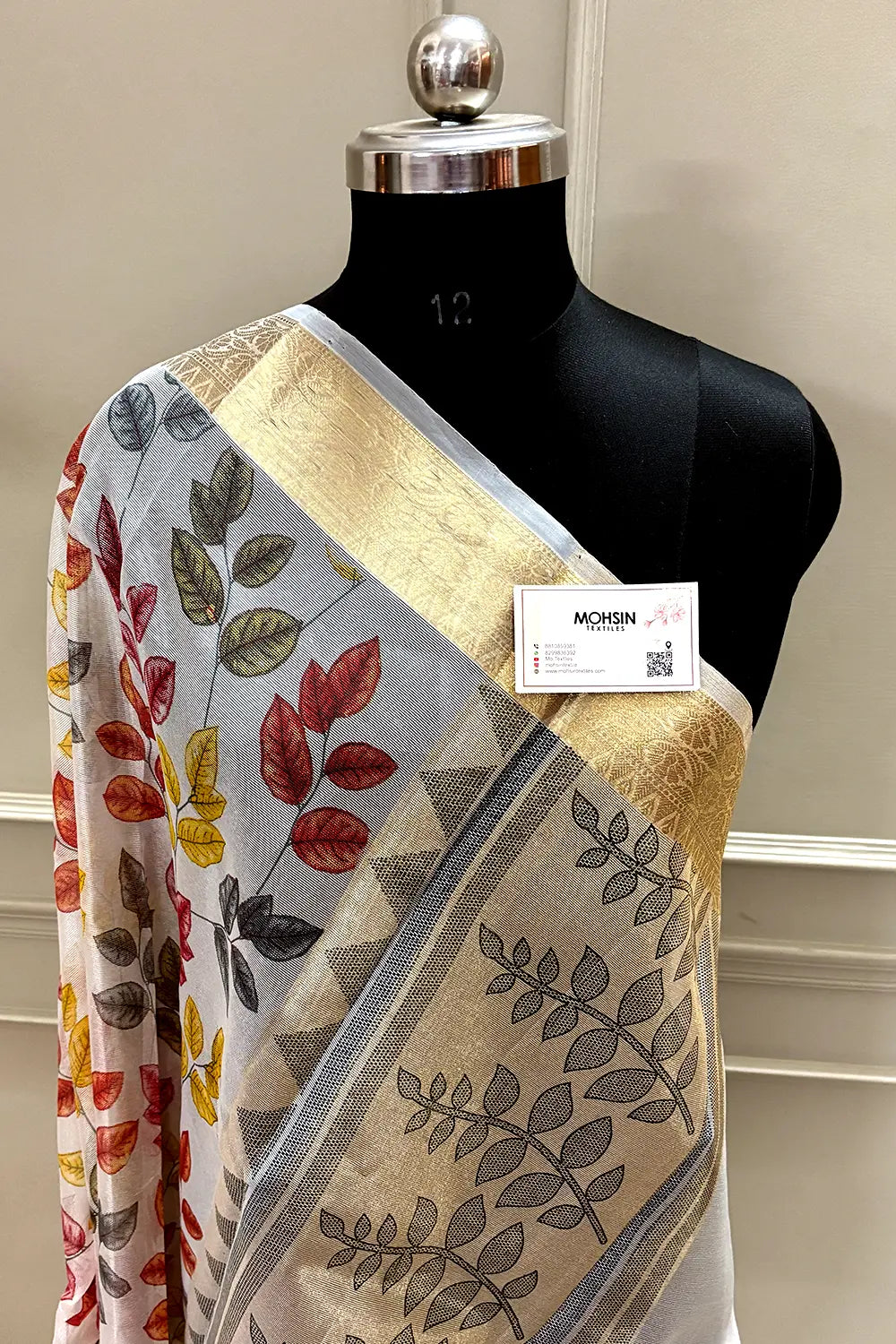 White Rani Printed Muga Silk Banarasi Saree