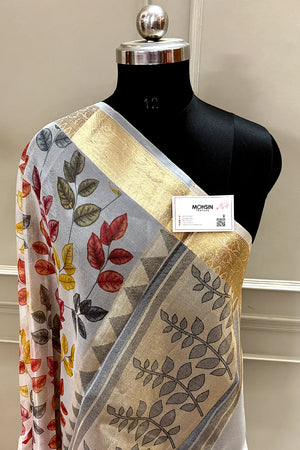 White Rani Printed Muga Silk Banarasi Saree