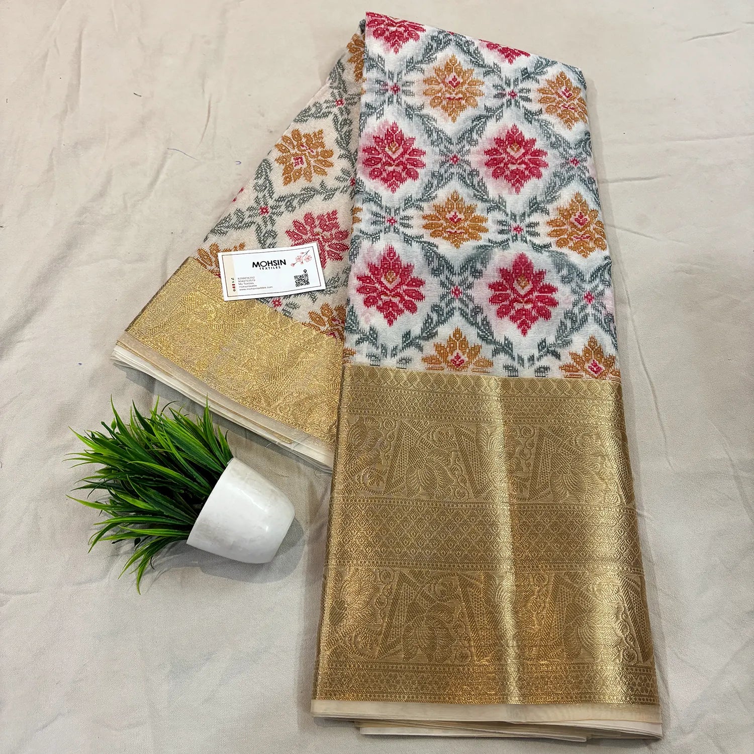 White Rani Printed Muga Silk Banarasi Saree