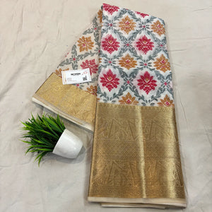 White Rani Printed Muga Silk Banarasi Saree