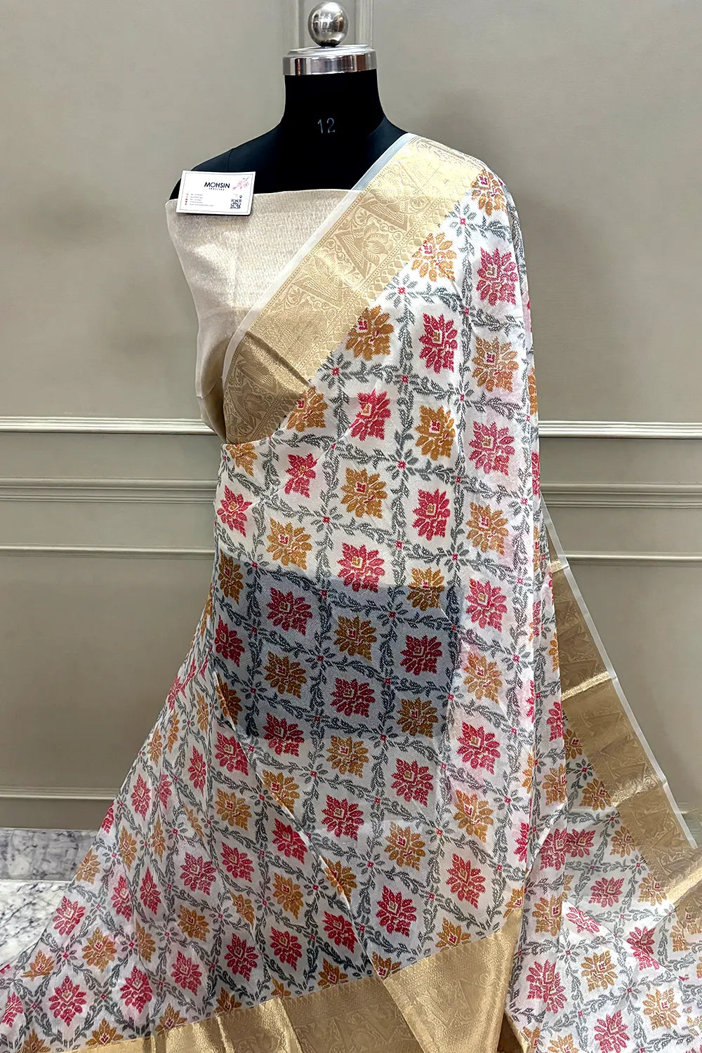 White Rani Printed Muga Silk Banarasi Saree